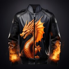 Fashion bomber jacket with fiery dragon artwork and glowing flame details on sleeves, featuring fantasy-style embroidery and epic creature design – perfect for cosplay and streetwear.