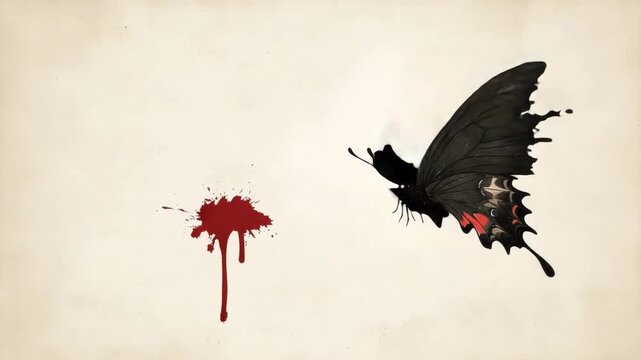 Elegant Black Butterfly with Red Splatter on Vintage Background