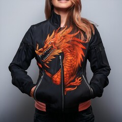 Fashion bomber jacket with fiery dragon artwork and glowing flame details on sleeves, featuring fantasy-style embroidery and epic creature design – perfect for cosplay and streetwear.
