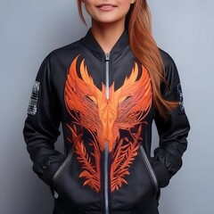 Fashion bomber jacket with fiery dragon artwork and glowing flame details on sleeves, featuring fantasy-style embroidery and epic creature design – perfect for cosplay and streetwear.