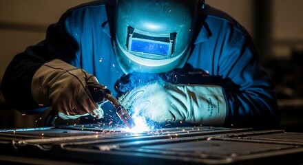 Skilled industrial welder in protective gear performing metal fabrication with bright sparks in a dark workshop environment