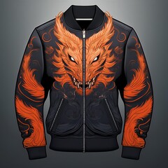 Fashion bomber jacket with fiery dragon artwork and glowing flame details on sleeves, featuring fantasy-style embroidery and epic creature design – perfect for cosplay and streetwear.