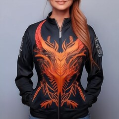Fashion bomber jacket with fiery dragon artwork and glowing flame details on sleeves, featuring fantasy-style embroidery and epic creature design – perfect for cosplay and streetwear.