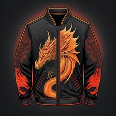 Fashion bomber jacket with fiery dragon artwork and glowing flame details on sleeves, featuring fantasy-style embroidery and epic creature design – perfect for cosplay and streetwear.