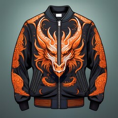 Fashion bomber jacket with fiery dragon artwork and glowing flame details on sleeves, featuring fantasy-style embroidery and epic creature design – perfect for cosplay and streetwear.