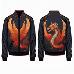 Fashion bomber jacket with fiery dragon artwork and glowing flame details on sleeves, featuring fantasy-style embroidery and epic creature design – perfect for cosplay and streetwear.