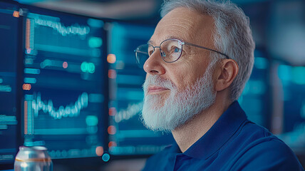 Senior man with glasses, focused on multiple screens displaying data and graphs, reflecting on his work in modern office environment