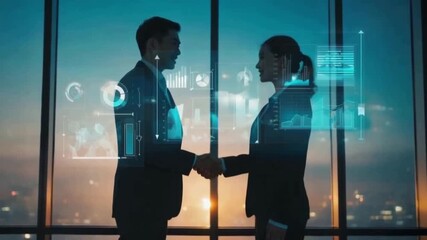 Confident professionals shake hands against a backdrop of futuristic digital data interfaces and a city skyline at sunset, symbolizing global success. - Powered by Adobe