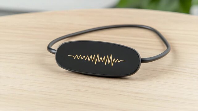 Modern Audio Headset with Sound Wave Visualization on Wooden Table