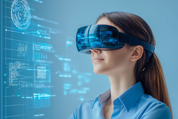 Immersive technology experience with woman wearing virtual reality headset, engaging with digital holographic displays and data visualization