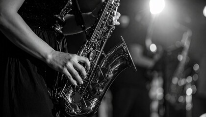 Obraz premium Close-up of a musician playing a saxophone on stage, with hands on keys and a blurred figure in the background under stage lights.