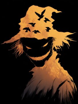 recommend clip art: Silhouette of scarecrow and flock of birds