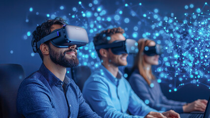 Immersive virtual reality experience with three individuals wearing headsets, engaged technology and collaboration. atmosphere is vibrant