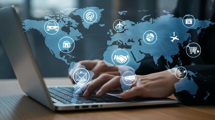 Hands typing on laptop, global network of services and transportation with icons symbolizing logistics and connectivity. - Powered by Adobe