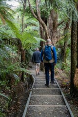 Obraz premium Two men hike a trail through lush ferns in Rotorua, New Zealand. They are walking up a set of stairs, enjoying the outdoors and the beautiful scenery.