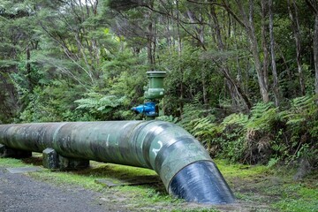 A large water pipe with a valve runs through a forest by Lower Ninotupu Reservoir, New Zealand. The...