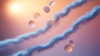 Abstract blue sparkling waves with floating orbs against a soft gradient background