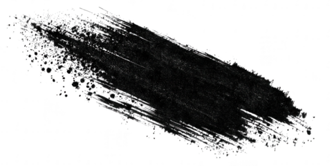 A black brush stroke with ink splatter isolated on transparent background