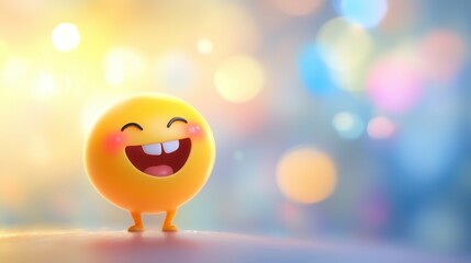 A cheerful, laughing character with a radiant expression on blurred background