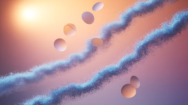 Abstract blue sparkling waves with floating orbs against a soft gradient background - Powered by Adobe