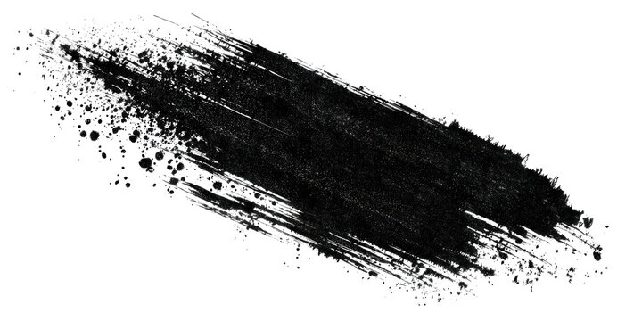 A black brush stroke with ink splatter isolated on transparent background