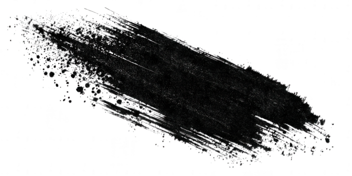 A black brush stroke with ink splatter isolated on transparent background