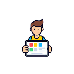 A simple cartoon illustration of a young man holding a tablet computer, displaying a colorful user interface with app icons.