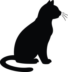 Black silhouette of a sitting cat in vector art style, side profile view, minimalistic and elegant design, clean solid fill with visible whiskers and curved tail, no background.