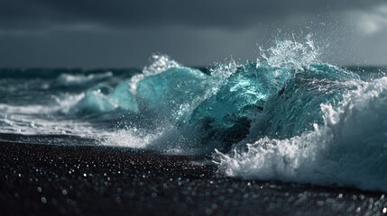 Hawaiian black sand beach with crashing waves