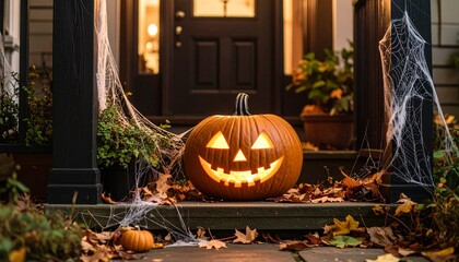 A glowing jack-o'-lantern sits on a porch decorated with cobwebs and fallen leaves, ready for Halloween night.