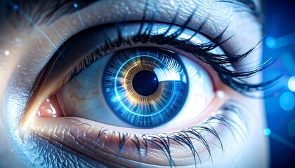 Human Eye Close-up with Digital Futuristic Pattern and Blue Light