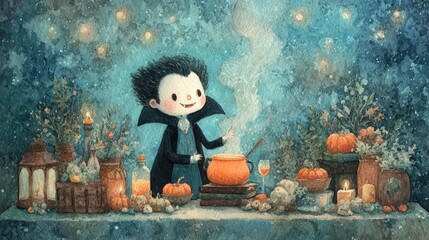 Fototapeta premium Cute vampire cartoon illustration in a magical scene with a cauldron and pumpkins