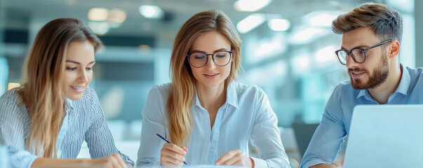Young professionals collaborating on project in modern office environment, showcasing teamwork and focus