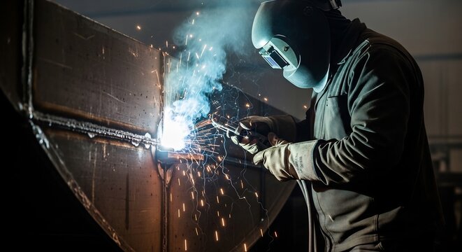 Skilled industrial welder performing precision metalwork with bright sparks and smoke in a manufacturing workshop environment. - Powered by Adobe