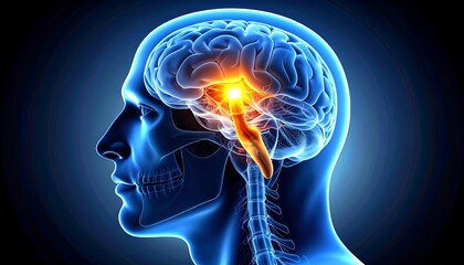 Human Head Anatomy with Brain Spinal Cord Highlighted