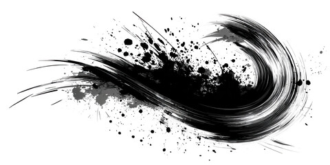 Abstract black ink brush stroke with splashes isolated on transparent background