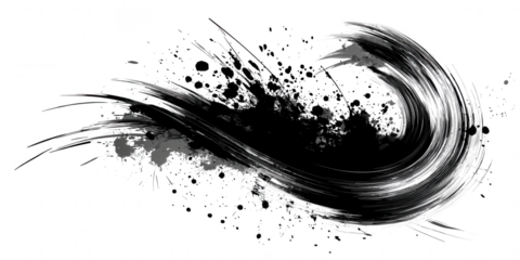 Abstract black ink brush stroke with splashes isolated on transparent background