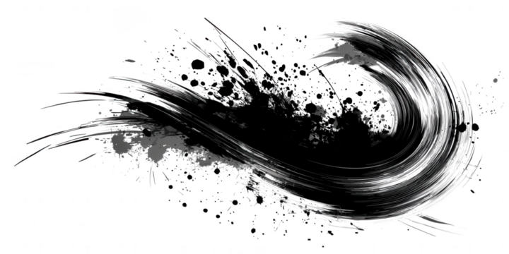 Abstract black ink brush stroke with splashes isolated on transparent background