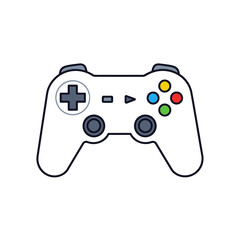 A simple illustration of a white video game controller with colorful buttons and joysticks.