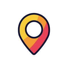 A vibrant map pointer icon featuring diagonal yellow, orange, and red sections with a bold outline.