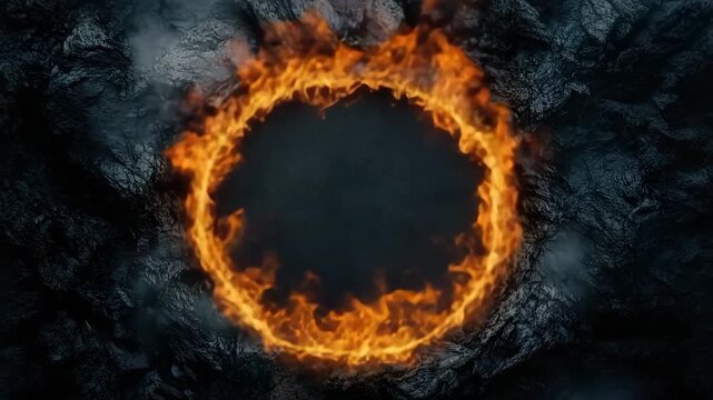 Fiery ring of bright orange flame burning intensely on dark rocky surface with smoky atmosphere creating dramatic powerful visual effect glowing embers intense burning circle of fire and smoke