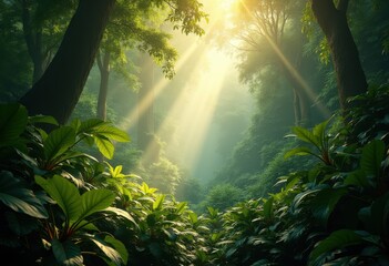 lush green jungle foliage sunlight rays nature vibrant flora rainforest organic landscape serenity, leaves, vines, plants, tree, shadow, park, vegetation