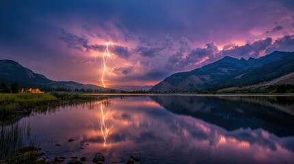 Majestic Lightning Striking Over Calm Waters at Twilight with Reflections of Dramatic Sky and Mountains Under Silver Linings in Scenic Landscape