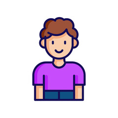 A cartoon icon of a smiling boy with brown hair wearing a purple shirt.