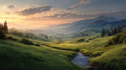 Fototapeta premium Serene Sunrise Over Rolling Hills and Gentle Stream in a Lush Green Valley Surrounded by Majestic Mountains and Soft Cloudy Sky