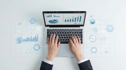 Analyst working on financial data with digital infographics overlay on laptop screen, close-up - Powered by Adobe