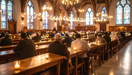 A golden bell ornament hangs from a Christmas tree branch, surrounded by blurred, warm bokeh lights.