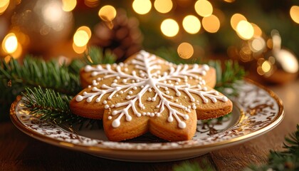 A golden bell ornament hangs from a Christmas tree branch, surrounded by blurred, warm bokeh lights.