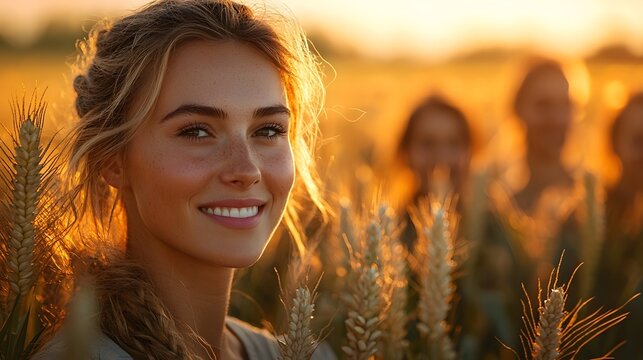 Smiling woman in golden wheat field at sunset - Powered by Adobe