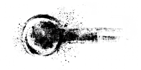 A black ink brush stroke with splatter isolated on transparent background